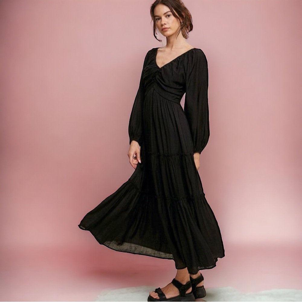 Black V Neck Bowknot Cutout in the back Tiered Maxi Dress